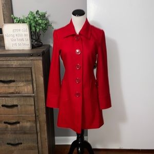 Anthropologie Tulle Red button Up retro pea coat with polka dot lining EUC   Med